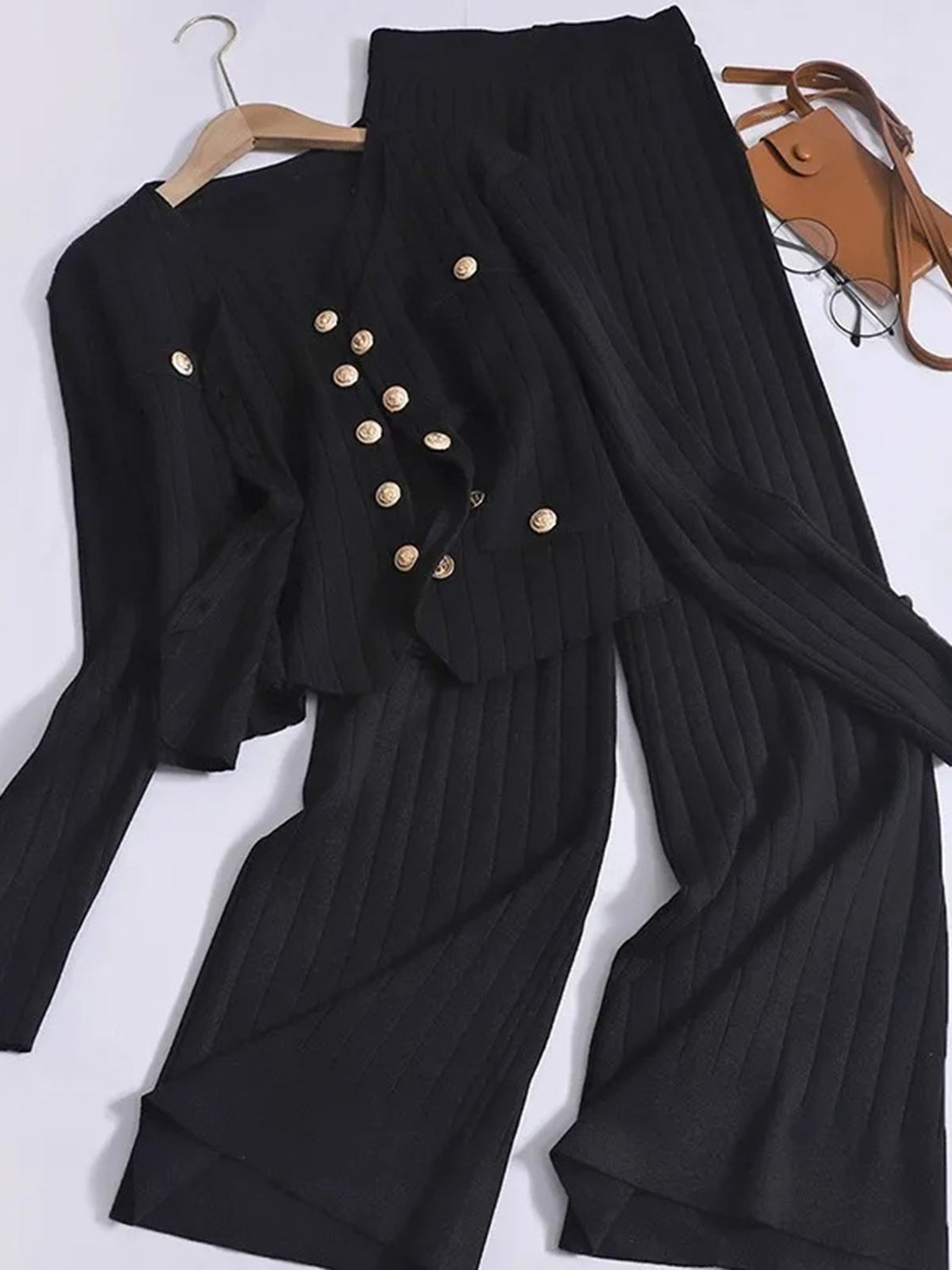 V-Neck Tank Cardigan and Pants Three-Piece Sweater Set