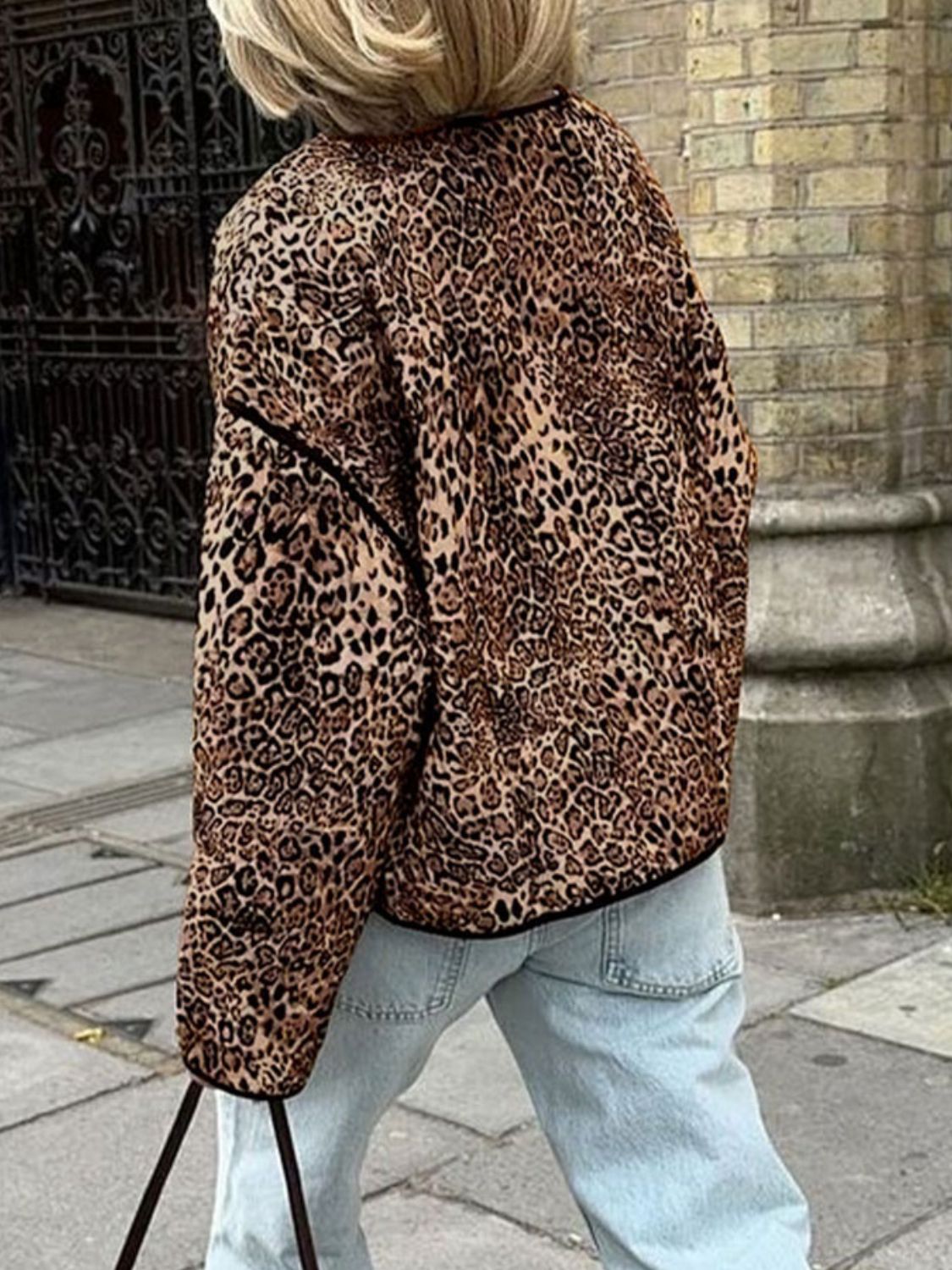 Perfee Leopard Open Front Sleeve Jacket