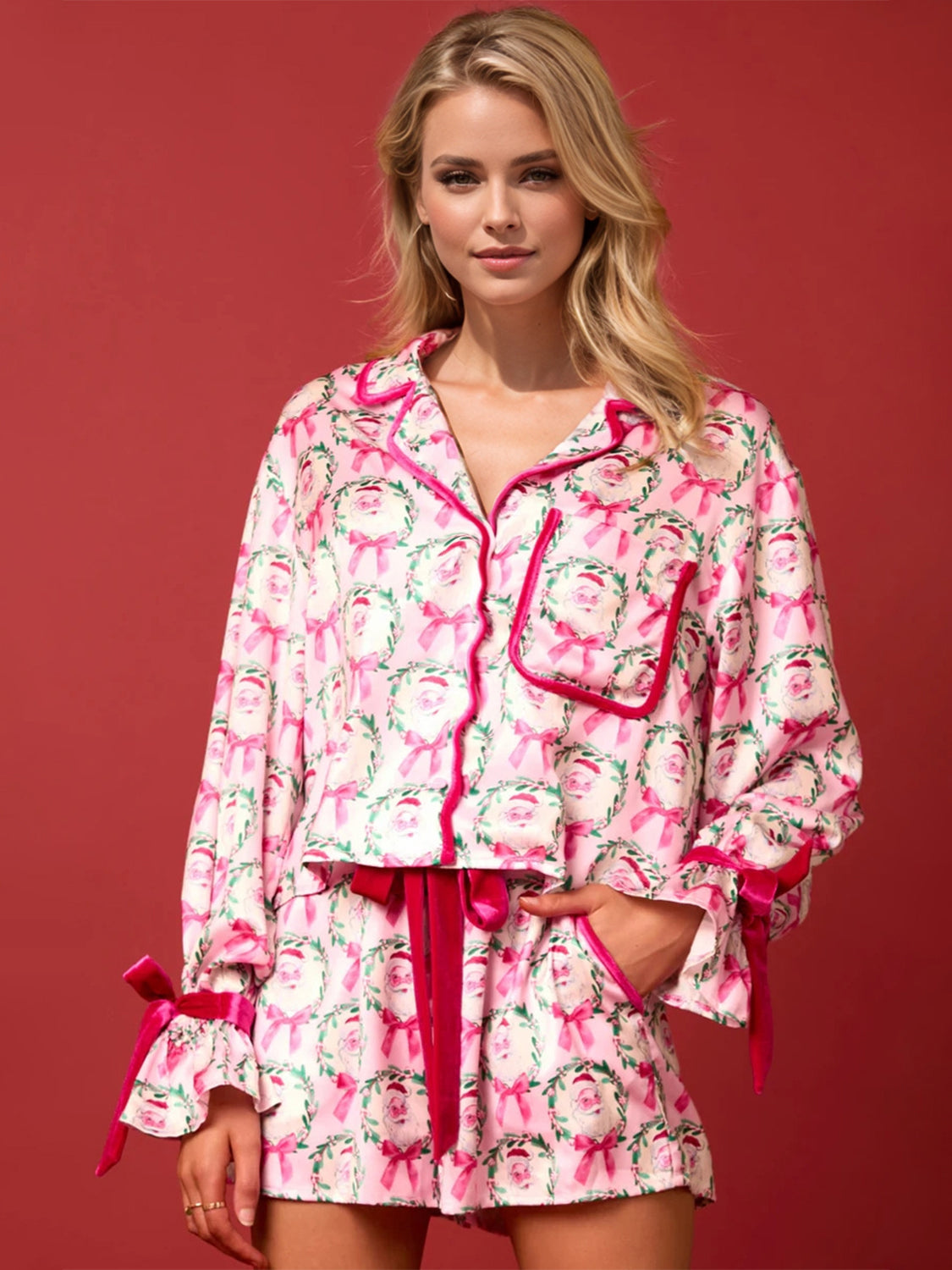 Tied Printed Collared Neck Sleeve Top and Shorts Set