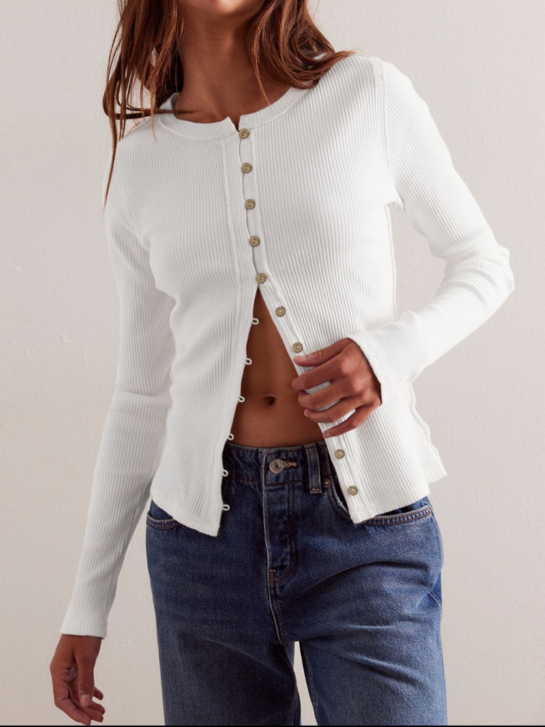 Ribbed Round Neck Long Sleeve Top.