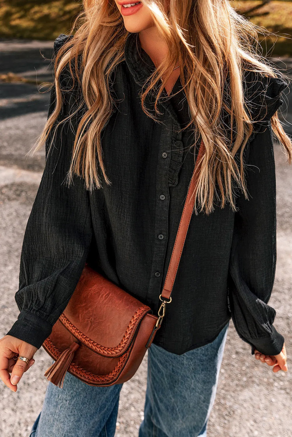 Ruffled Button Up Long Sleeve Shirt