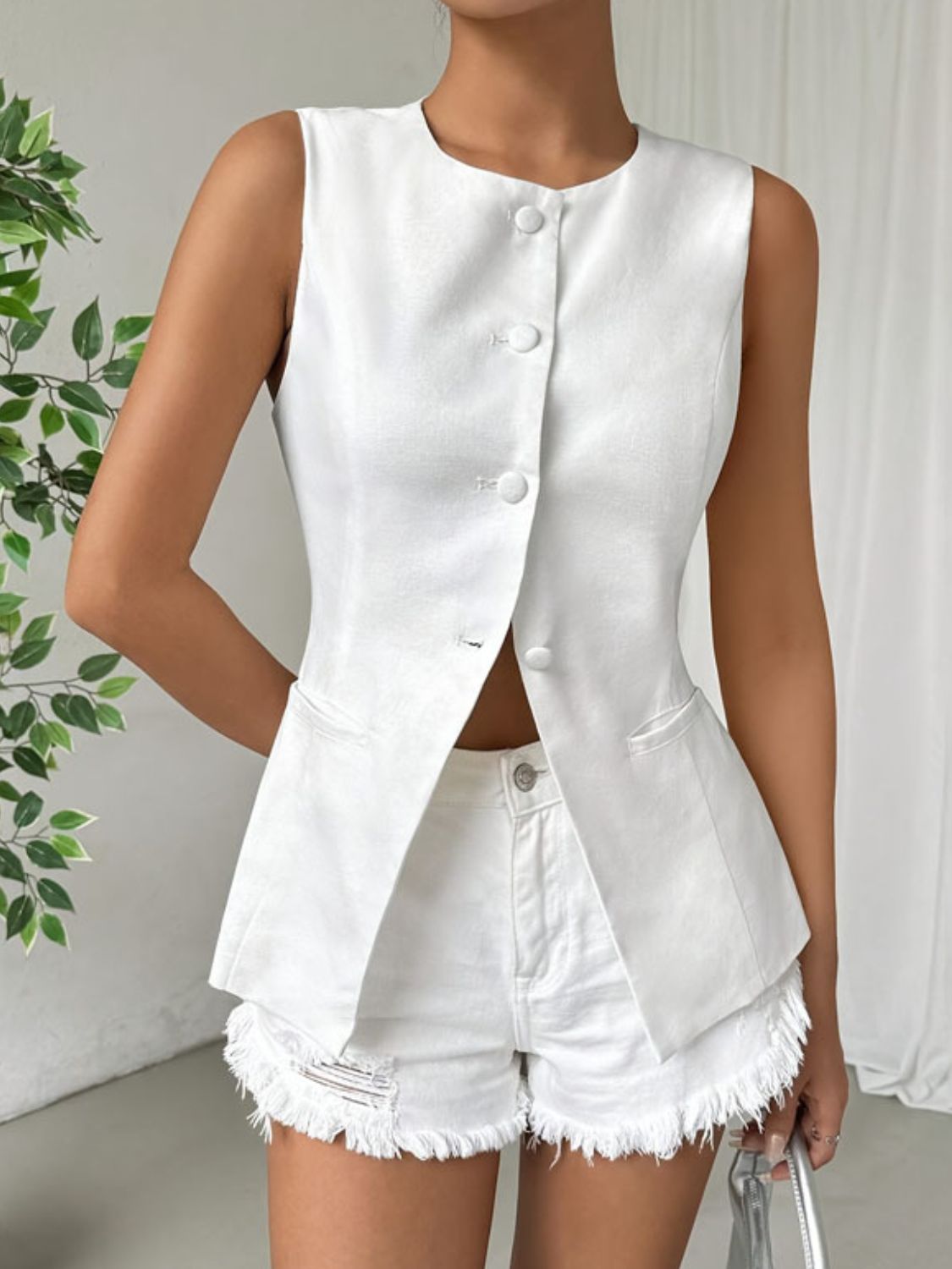 White Button Down Round Neck Vest