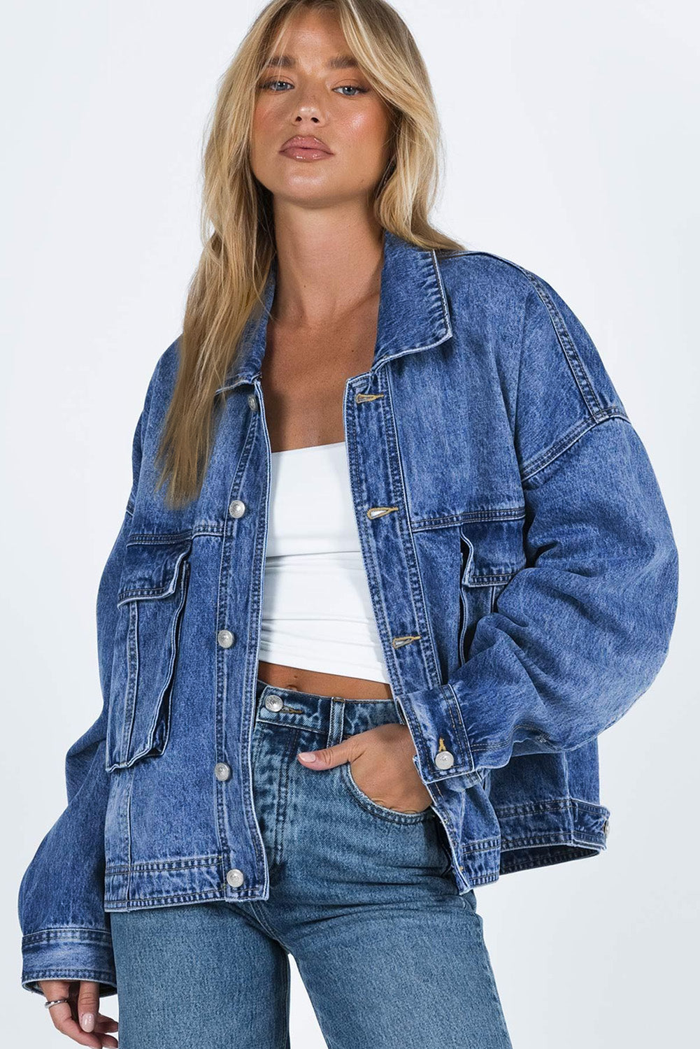 Collared Neck Button Up Denim Jacket.