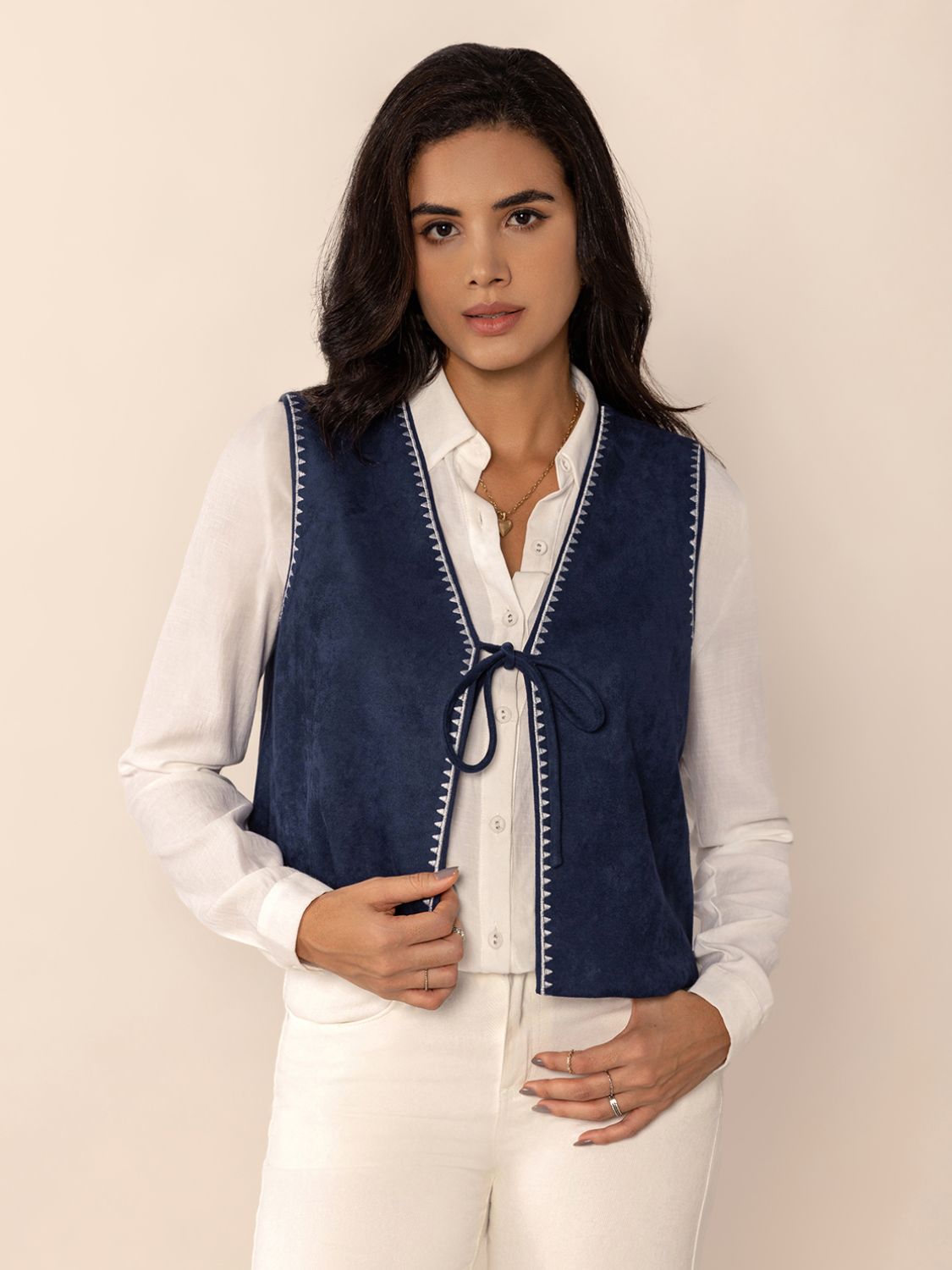 Blue Tied Contrast Trim Vest..