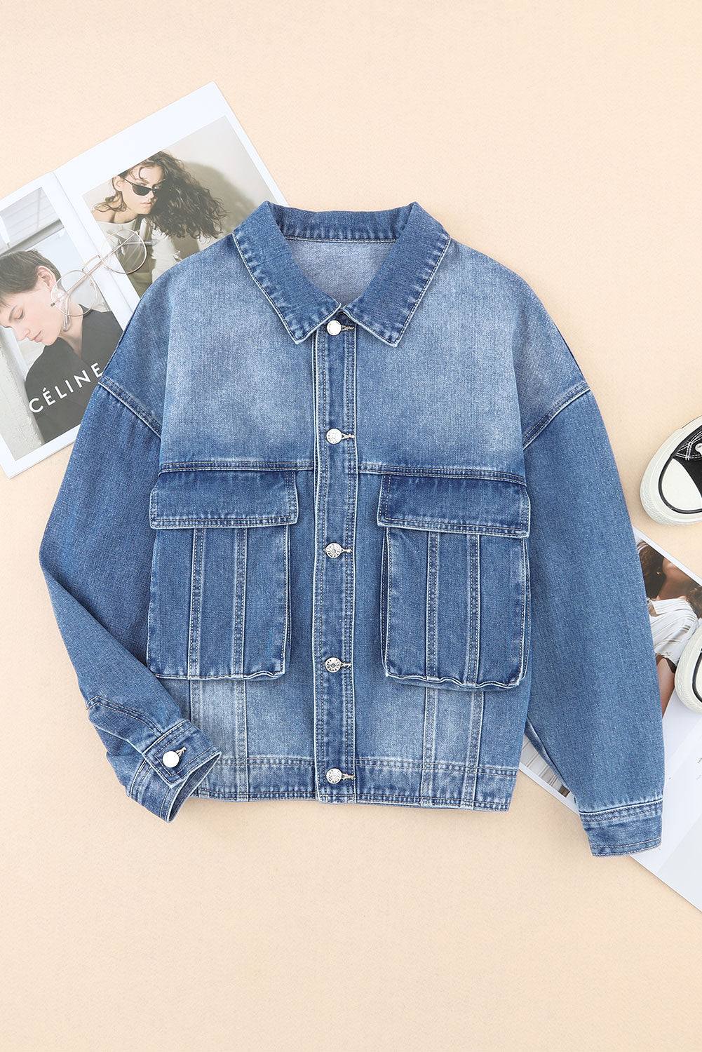 Collared Neck Button Up Denim Jacket.