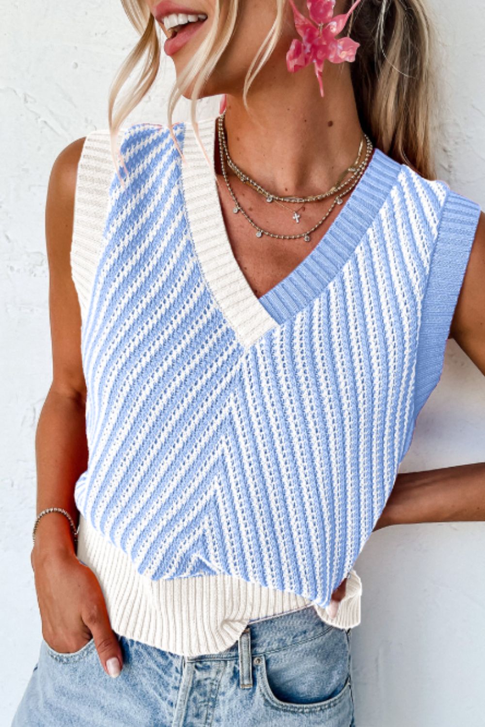 Striped Contrast V-Neck Sweater Vest.