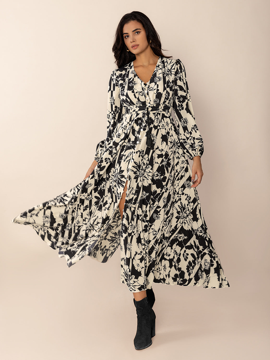 Tied Printed V-Neck Sleeve Midi Dress