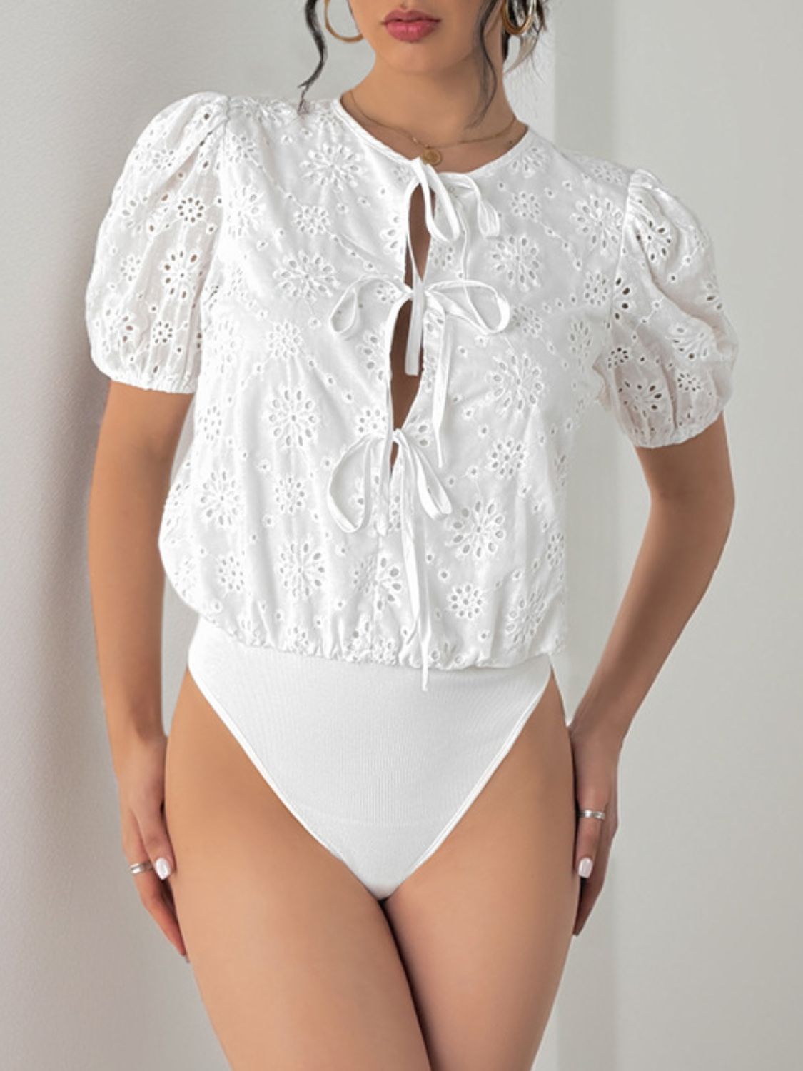 Perfee Tied Eyelet Short Sleeve Bodysuit