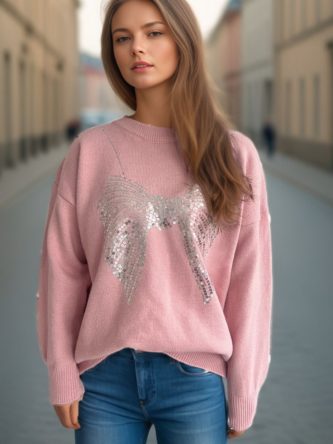 Bow Round Neck Long Sleeve Sweater