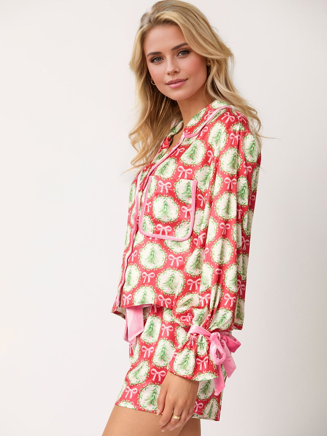 Tied Printed Collared Neck Sleeve Top and Shorts Set