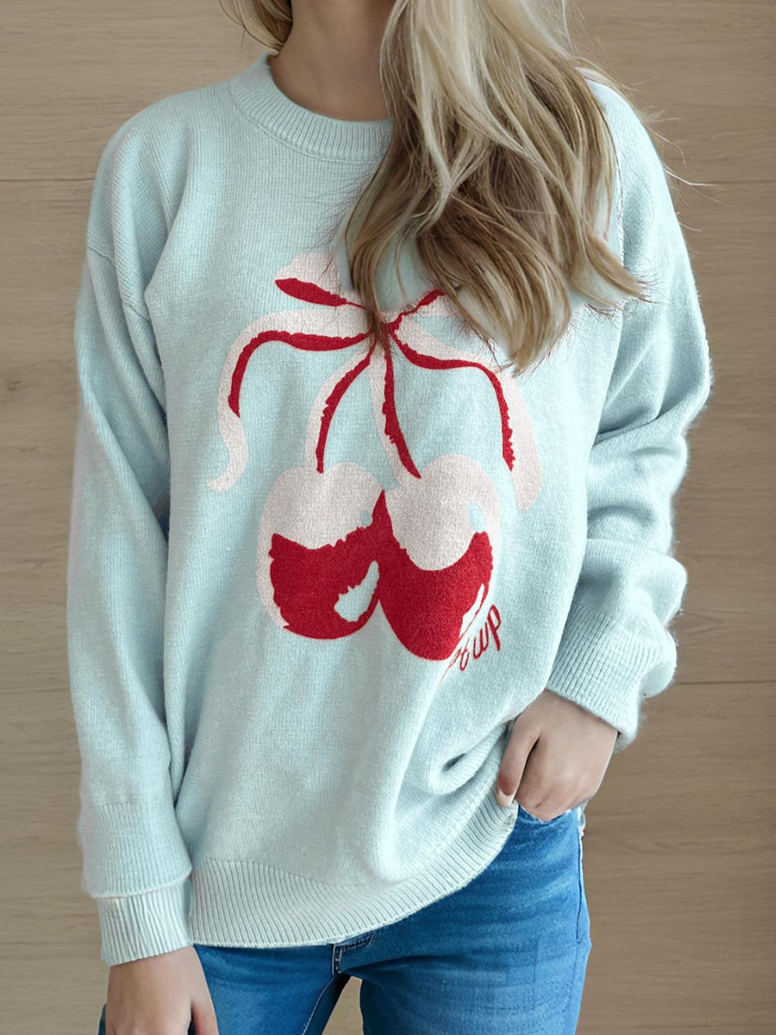 Cherry Round Neck Sleeve Sweater