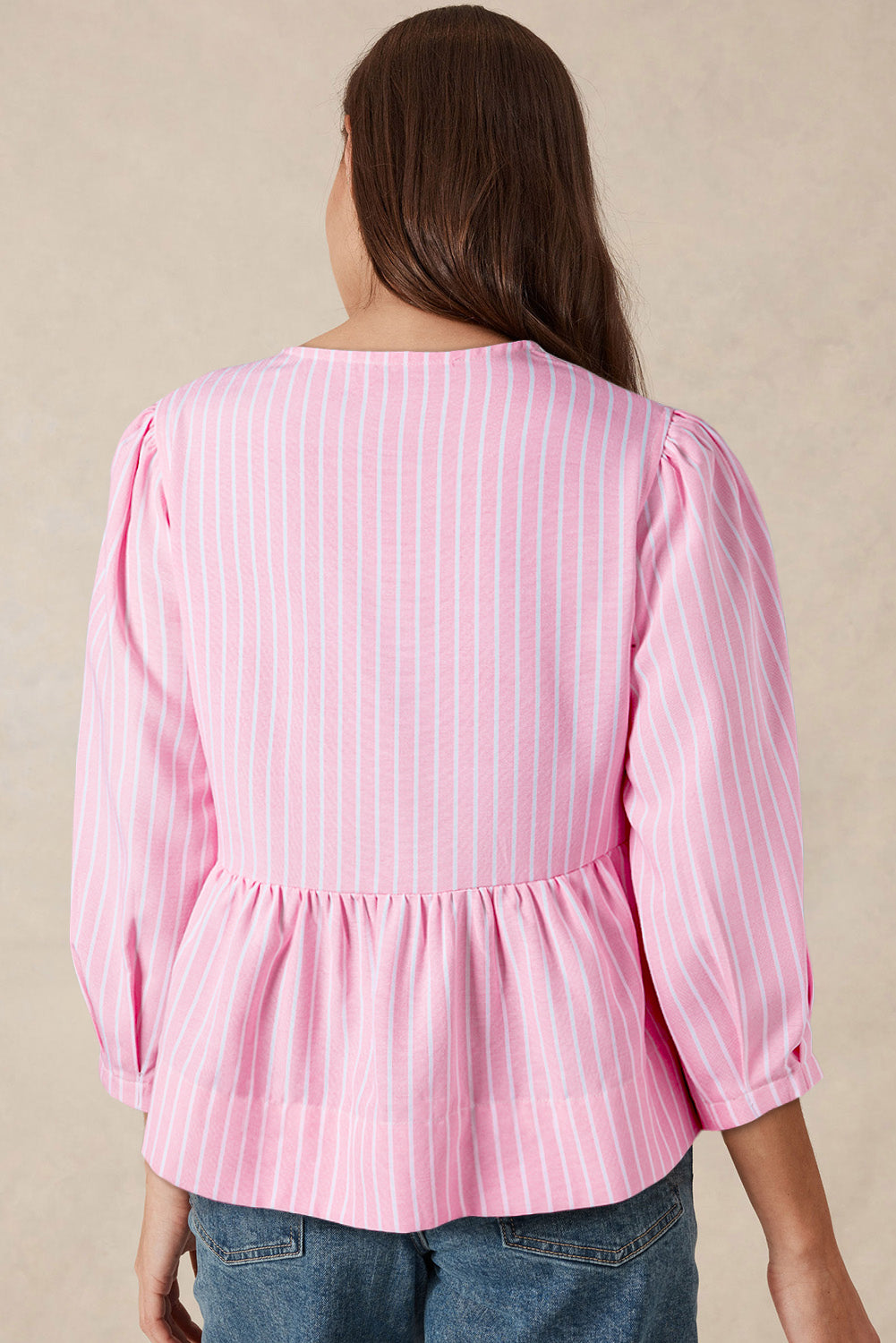 Tied Bow Striped Round Neck Blouse.