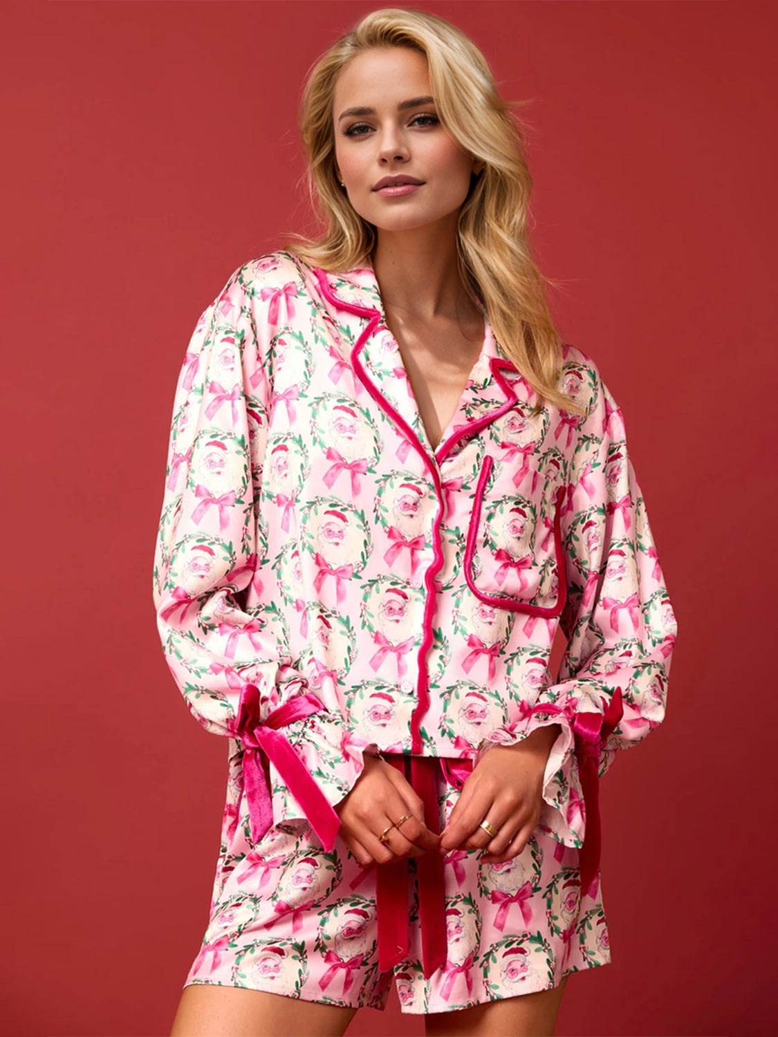 Tied Printed Collared Neck Sleeve Top and Shorts Set