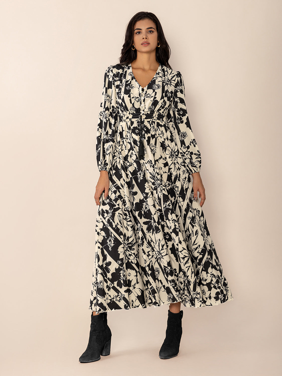 Tied Printed V-Neck Sleeve Midi Dress