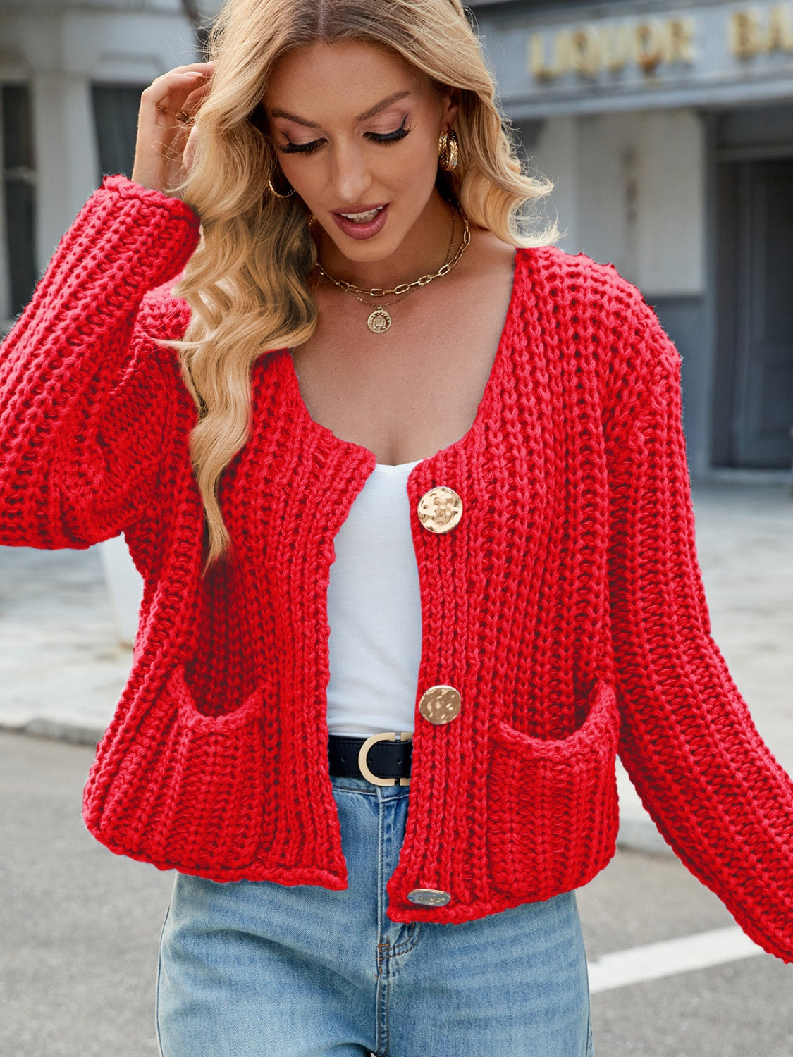 Round Neck Button Up Cardigan.