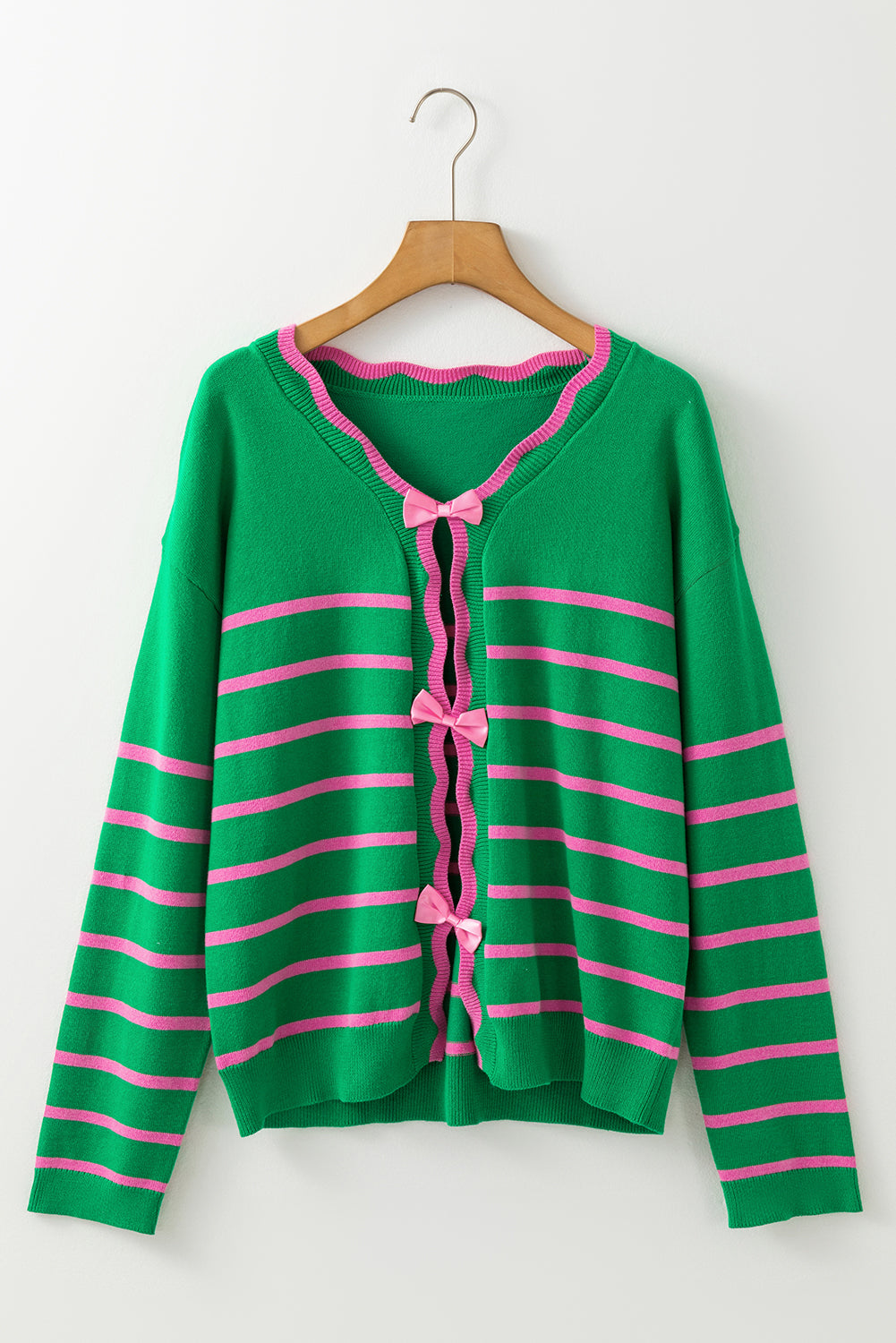 Bow Striped V-Neck Sleeve Cardigan