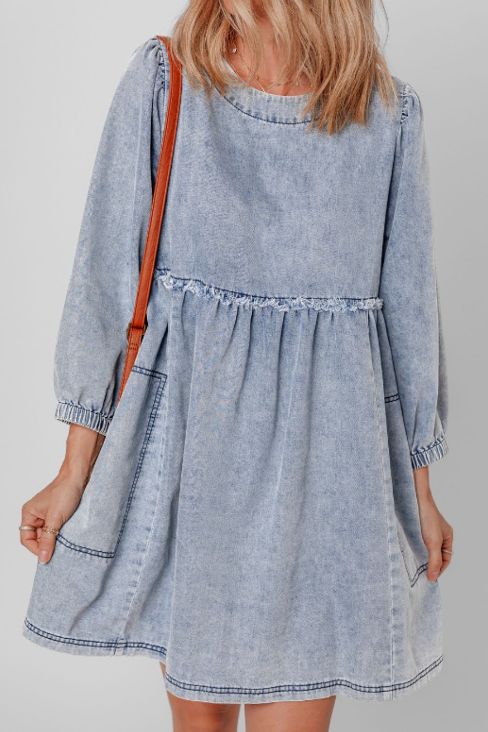 Cutout Round Neck Sleeve Denim Dress