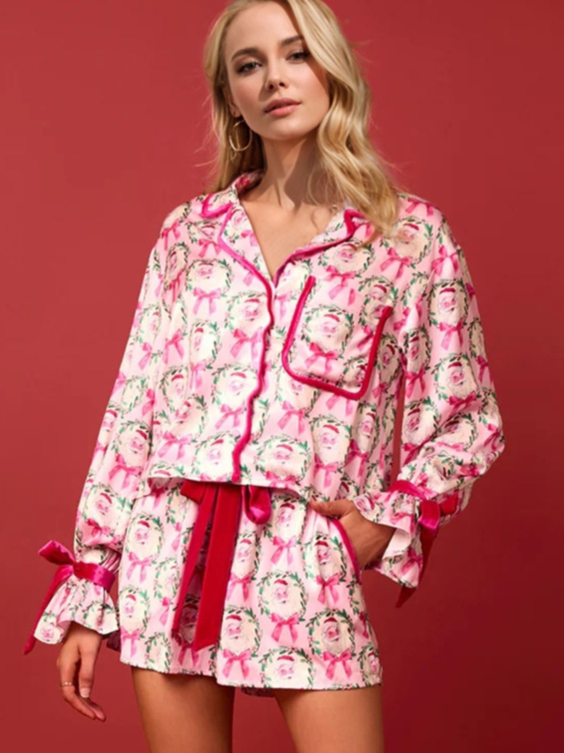 Tied Printed Collared Neck Sleeve Top and Shorts Set