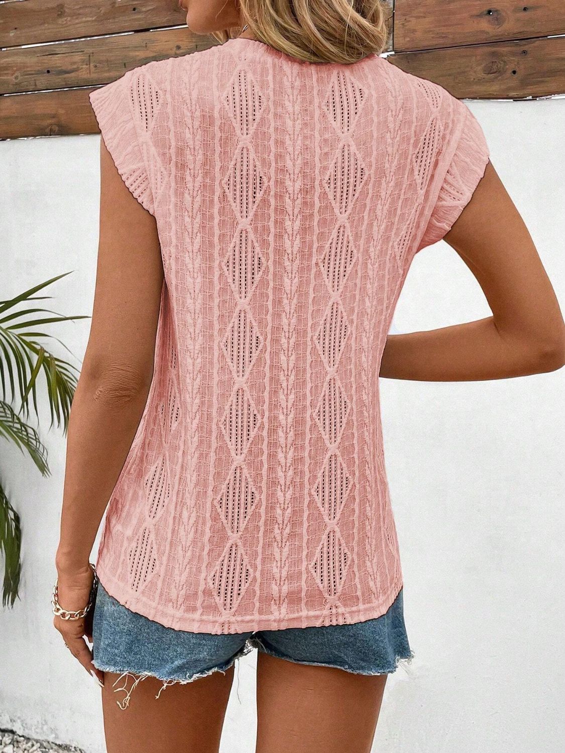 Eyelet Round Neck Cap Sleeve Top