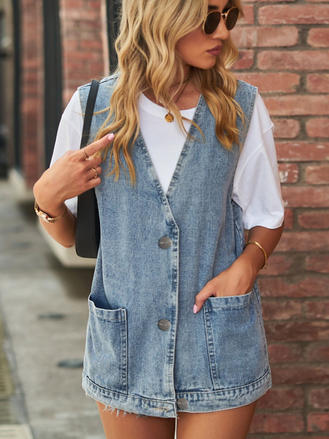 Full Size V-Neck Button Up Denim Vest