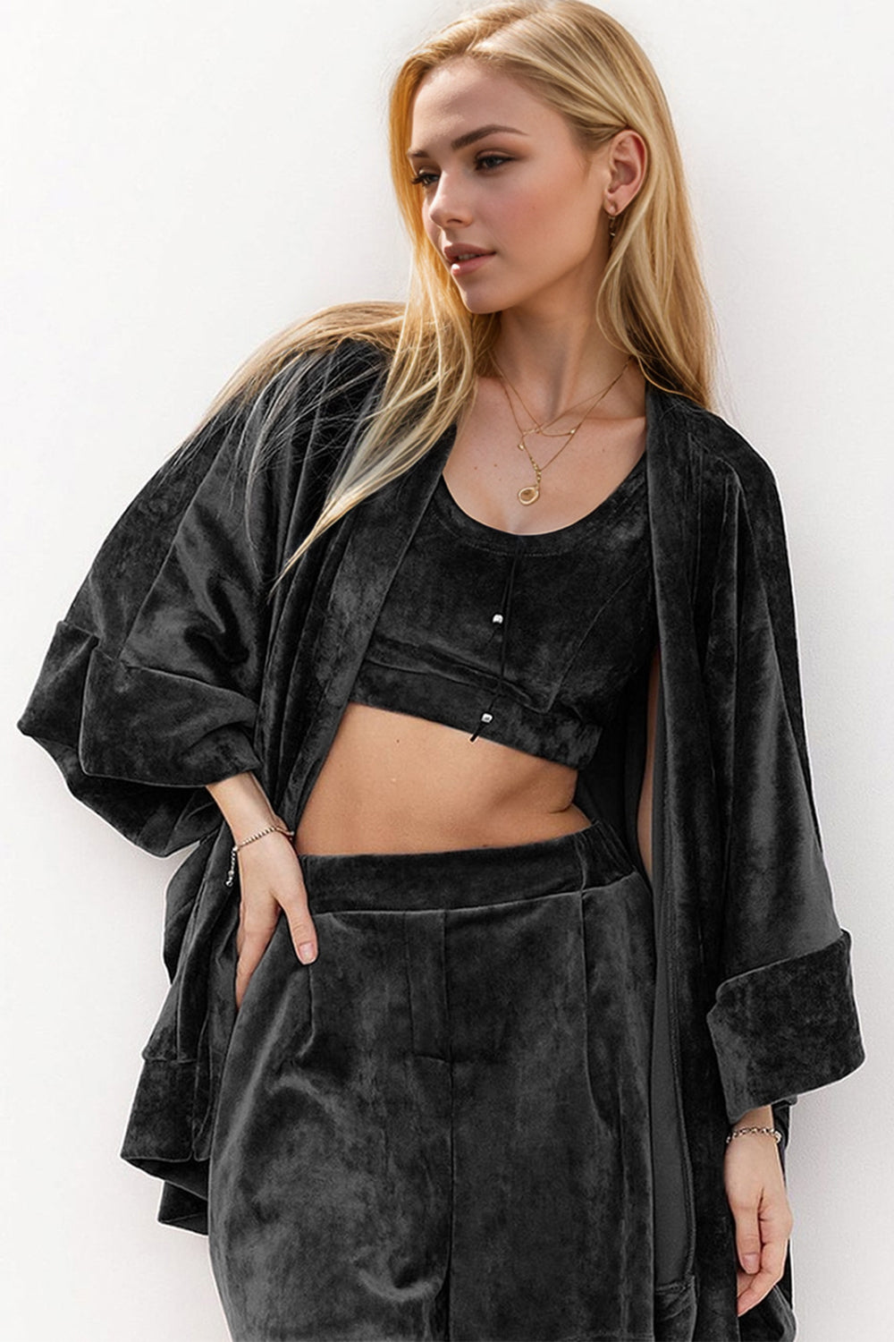 Basic Bae Buttery-Soft Bra, Open Front Cardigan and Shorts Set