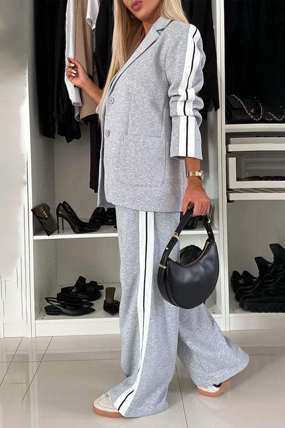 Full Size Lapel Collar Top and Pants Set