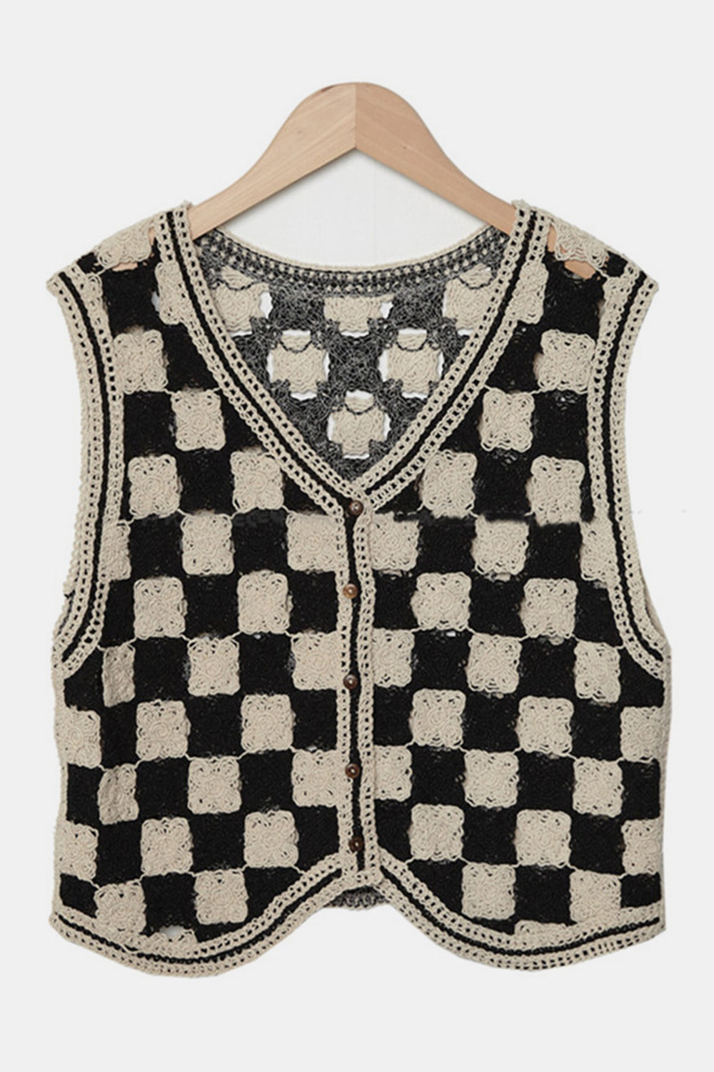 Checkered V-Neck Button Up Vest.