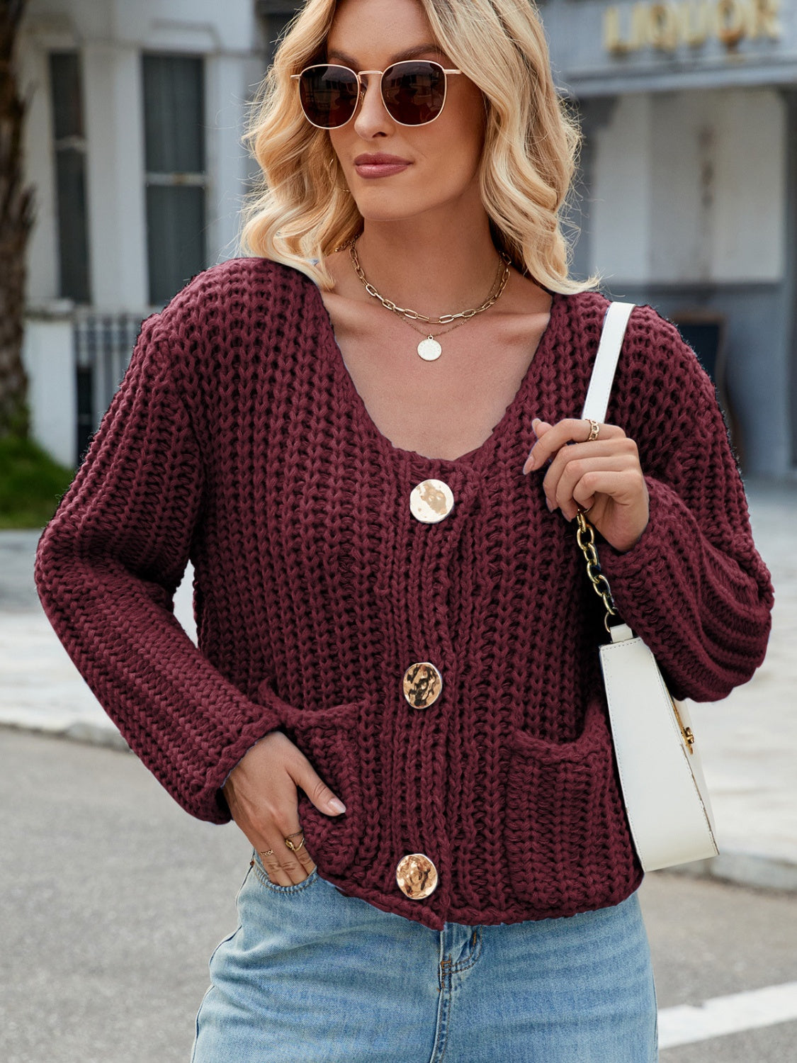 Round Neck Button Up Cardigan.