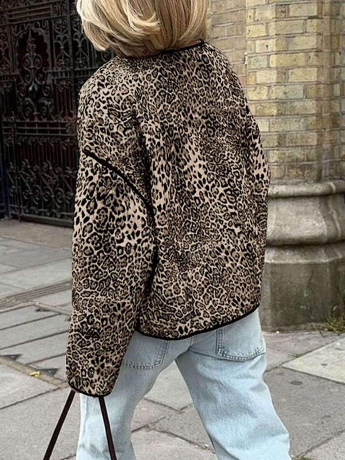 Perfee Leopard Open Front Sleeve Jacket