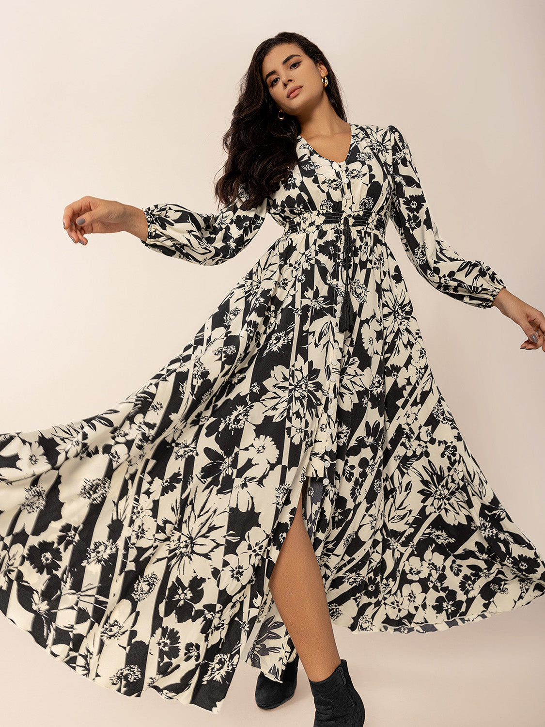 Tied Printed V-Neck Sleeve Midi Dress