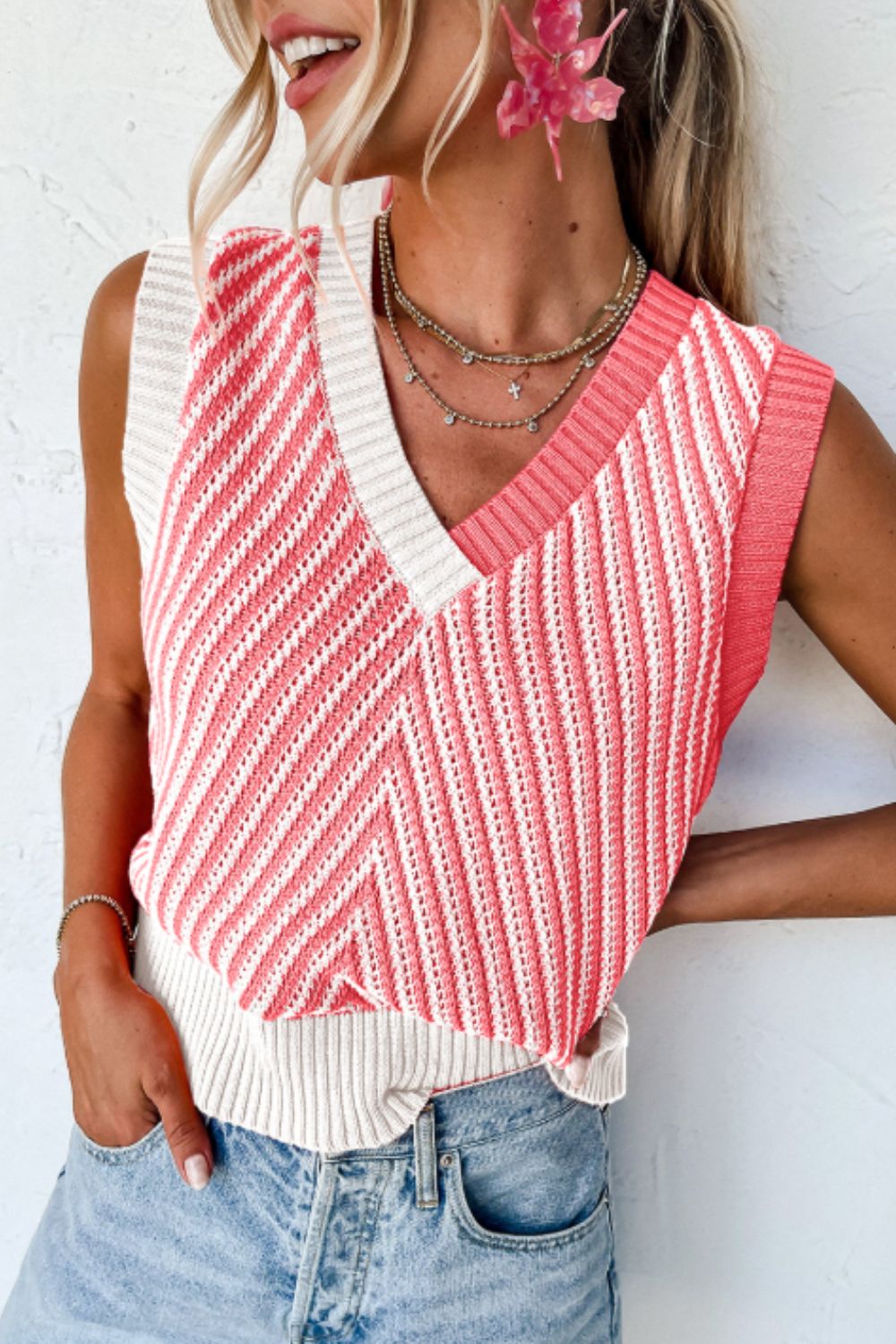 Striped Contrast V-Neck Sweater Vest.