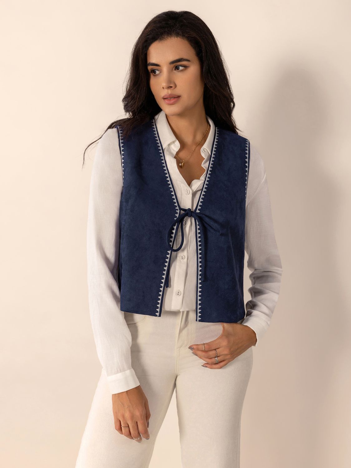 Blue Tied Contrast Trim Vest..