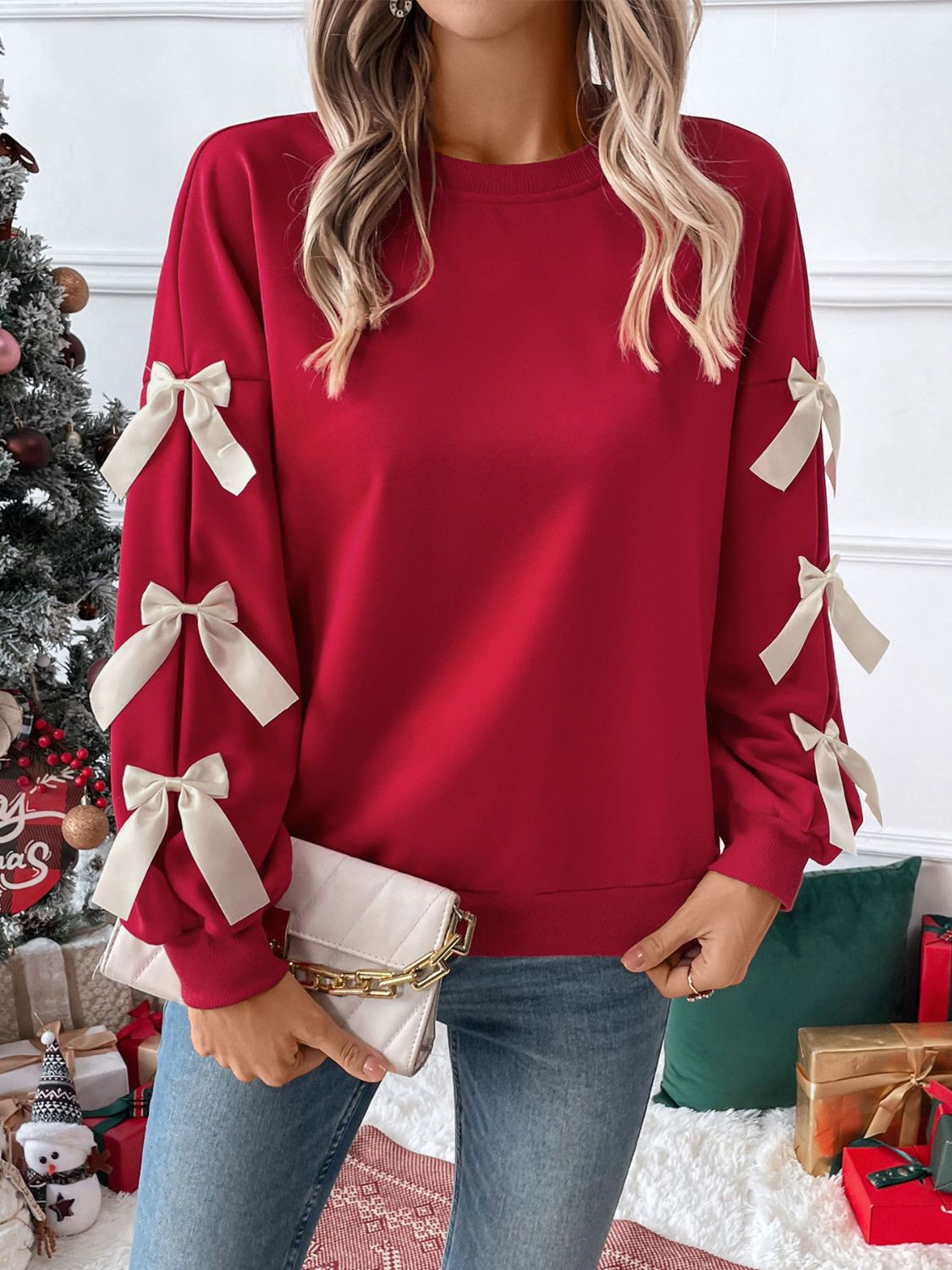 Perfee Bow Round Neck Sleeve Sweatshirt