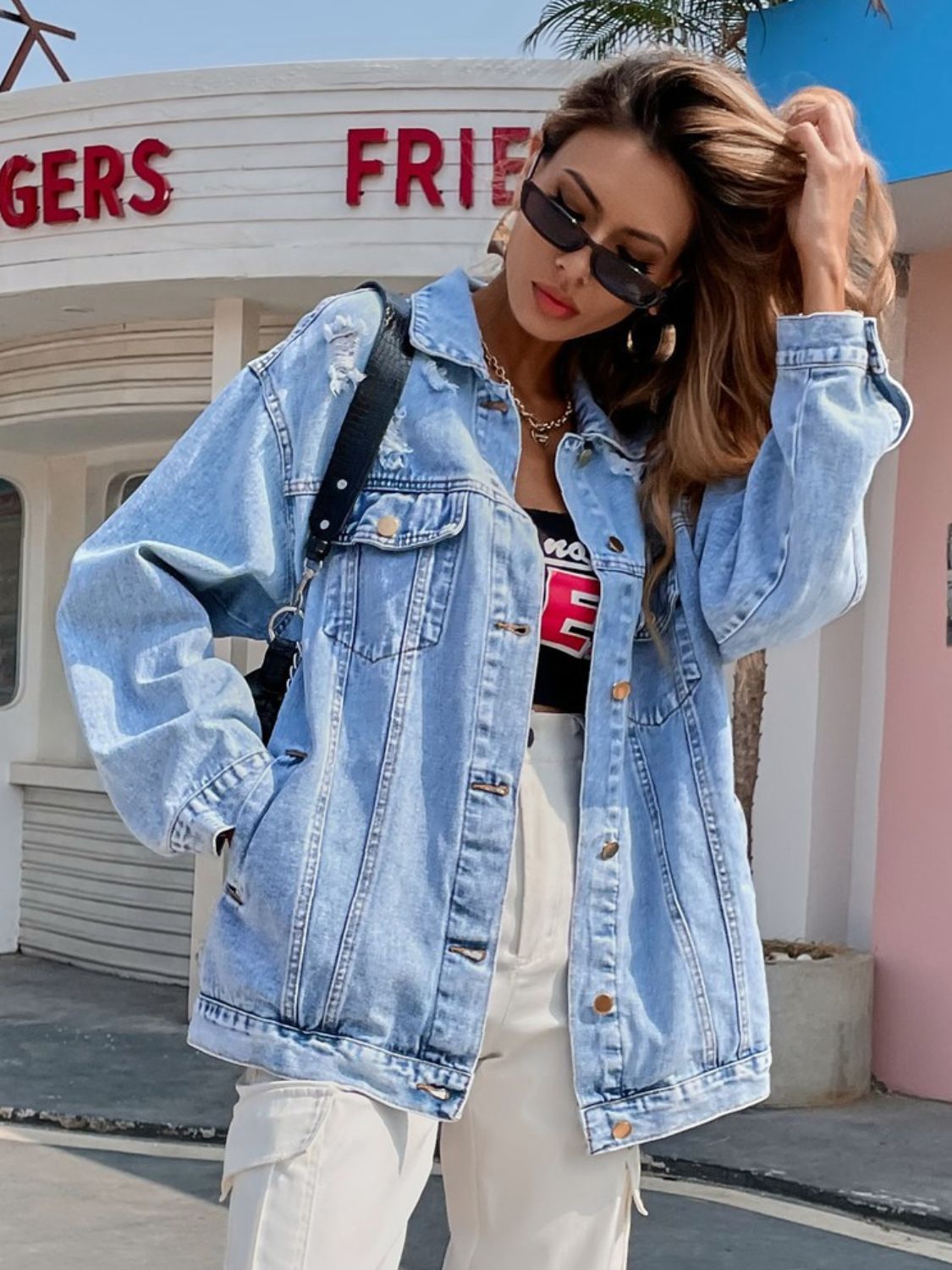 Distressed Button Up Sleeve Denim Top