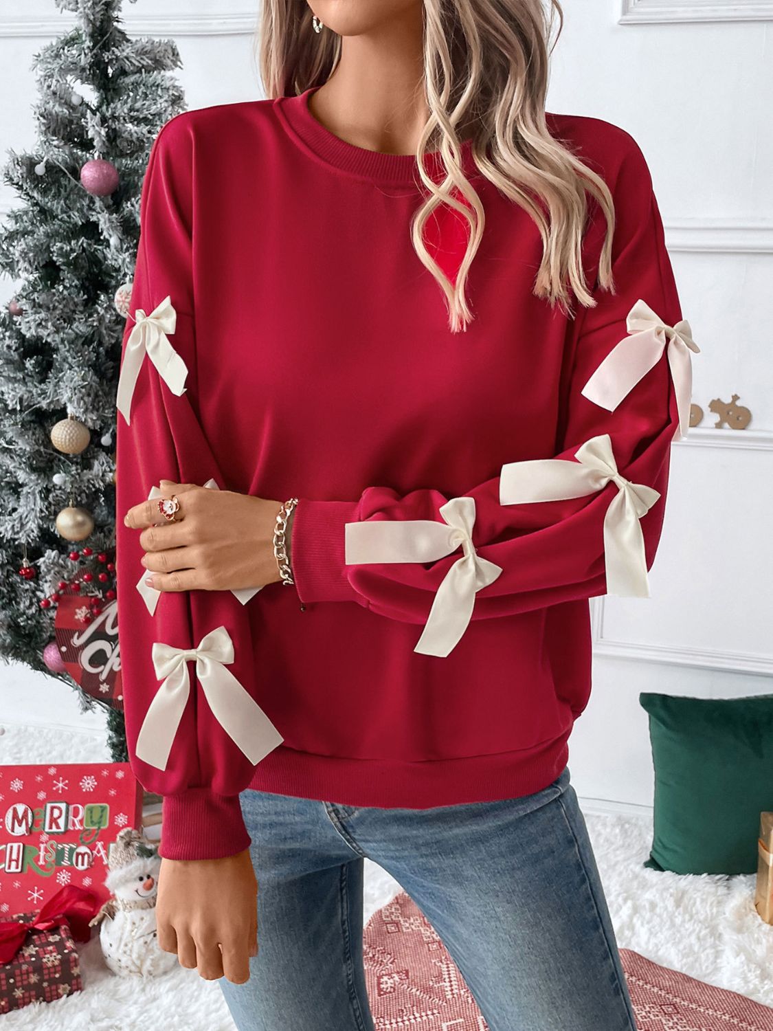 Perfee Bow Round Neck Sleeve Sweatshirt