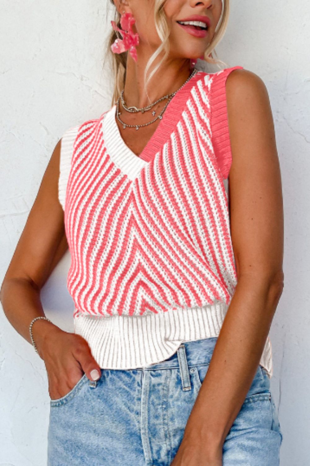 Striped Contrast V-Neck Sweater Vest.