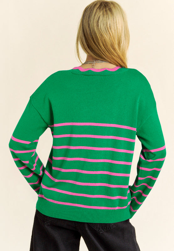 Bow Striped V-Neck Sleeve Cardigan