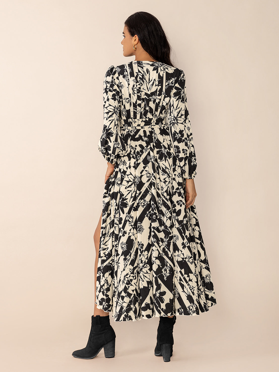 Tied Printed V-Neck Sleeve Midi Dress