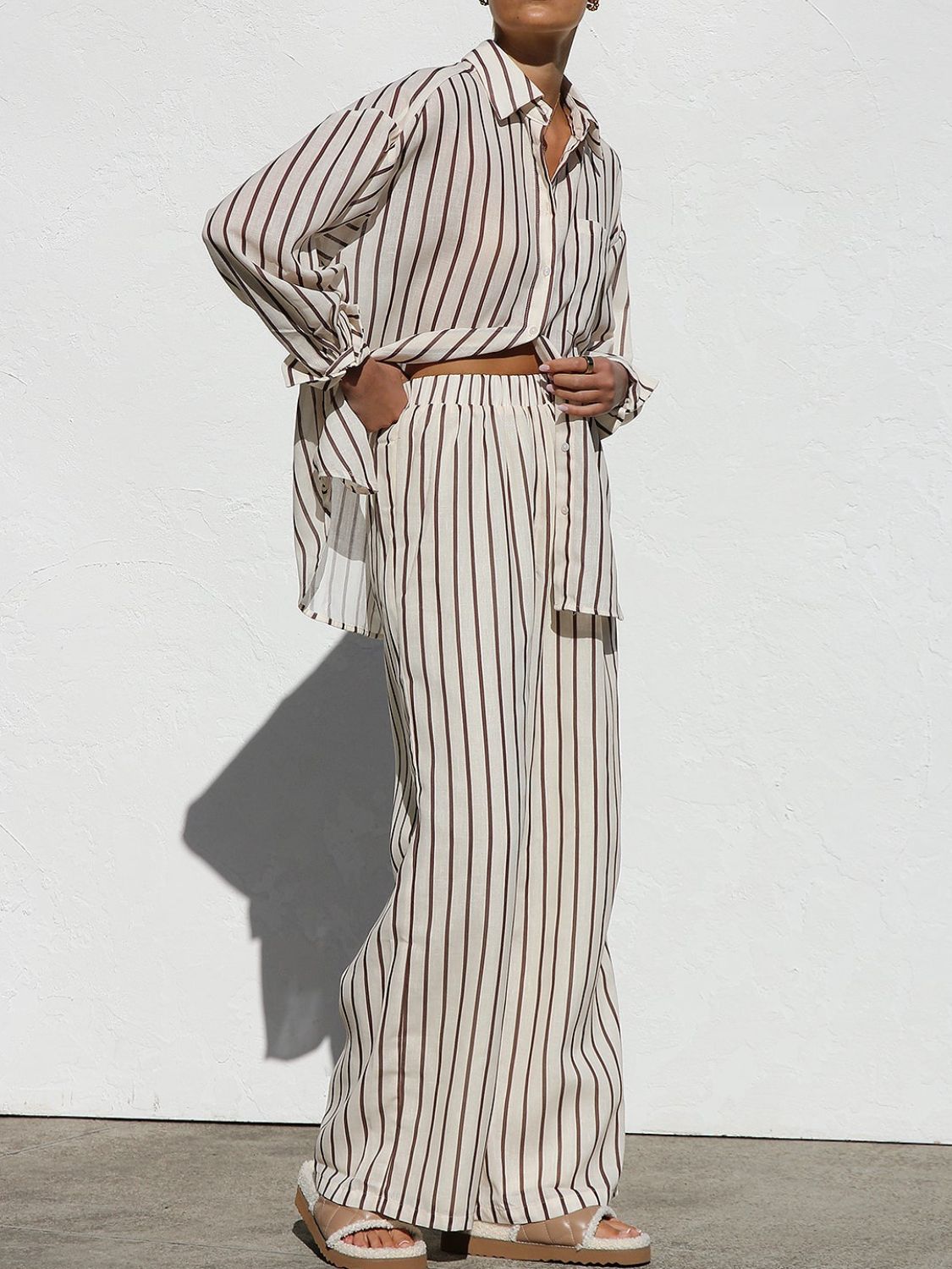 Striped Collared Top and Pants Set