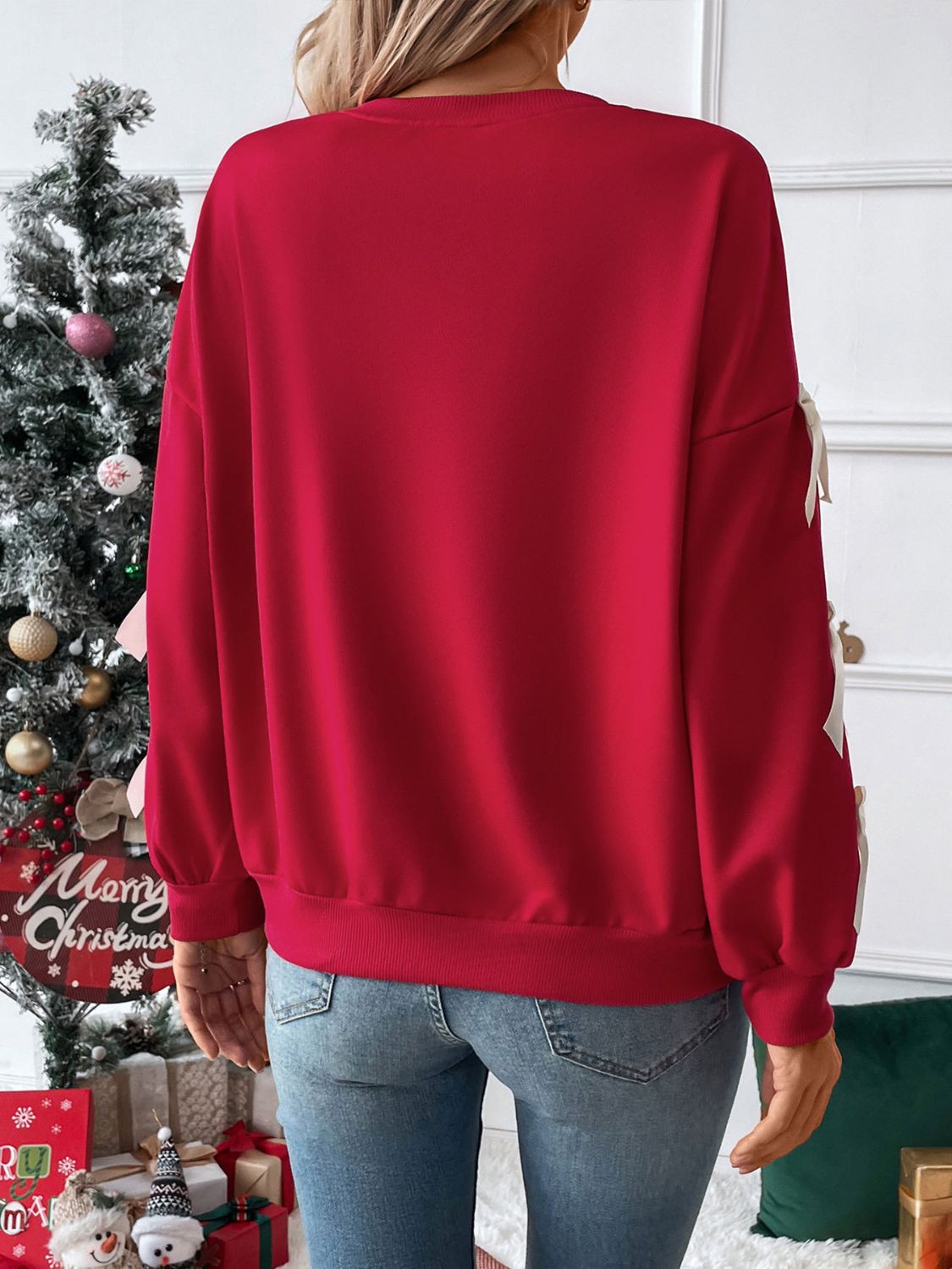 Perfee Bow Round Neck Sleeve Sweatshirt