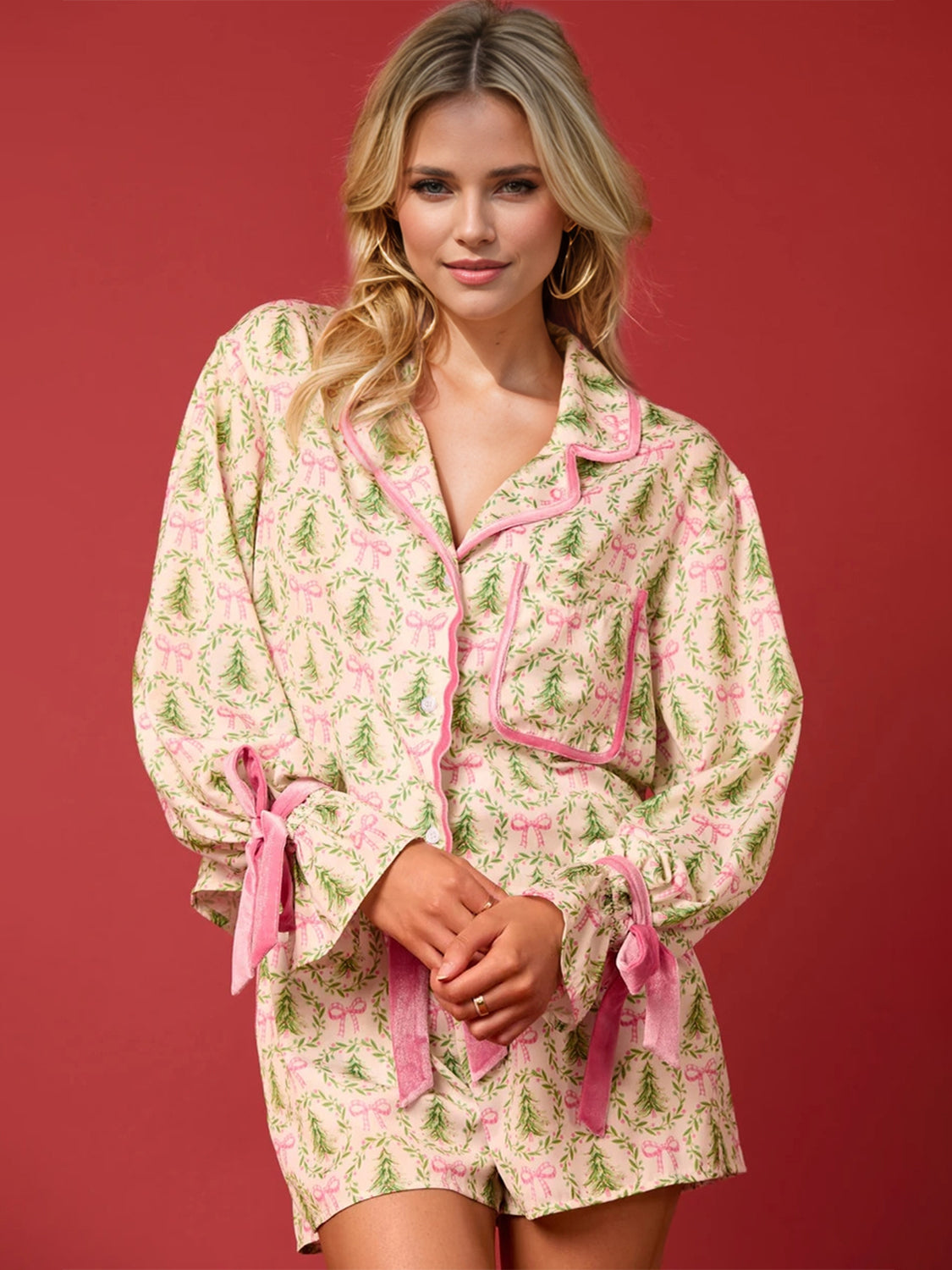 Tied Printed Collared Neck Sleeve Top and Shorts Set