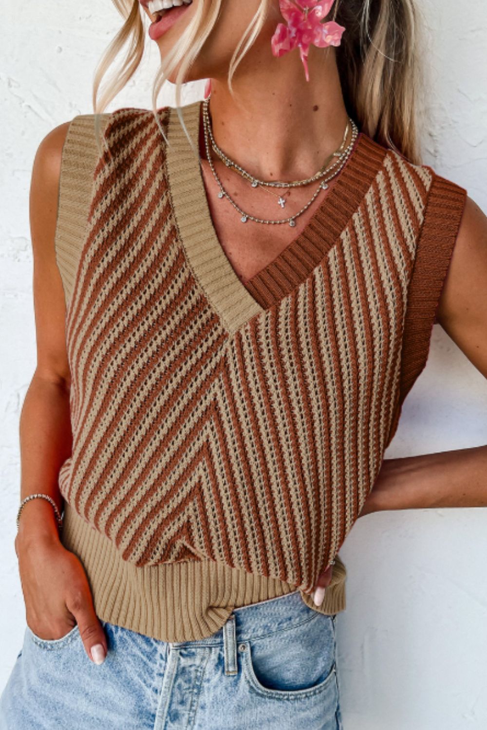 Striped Contrast V-Neck Sweater Vest.