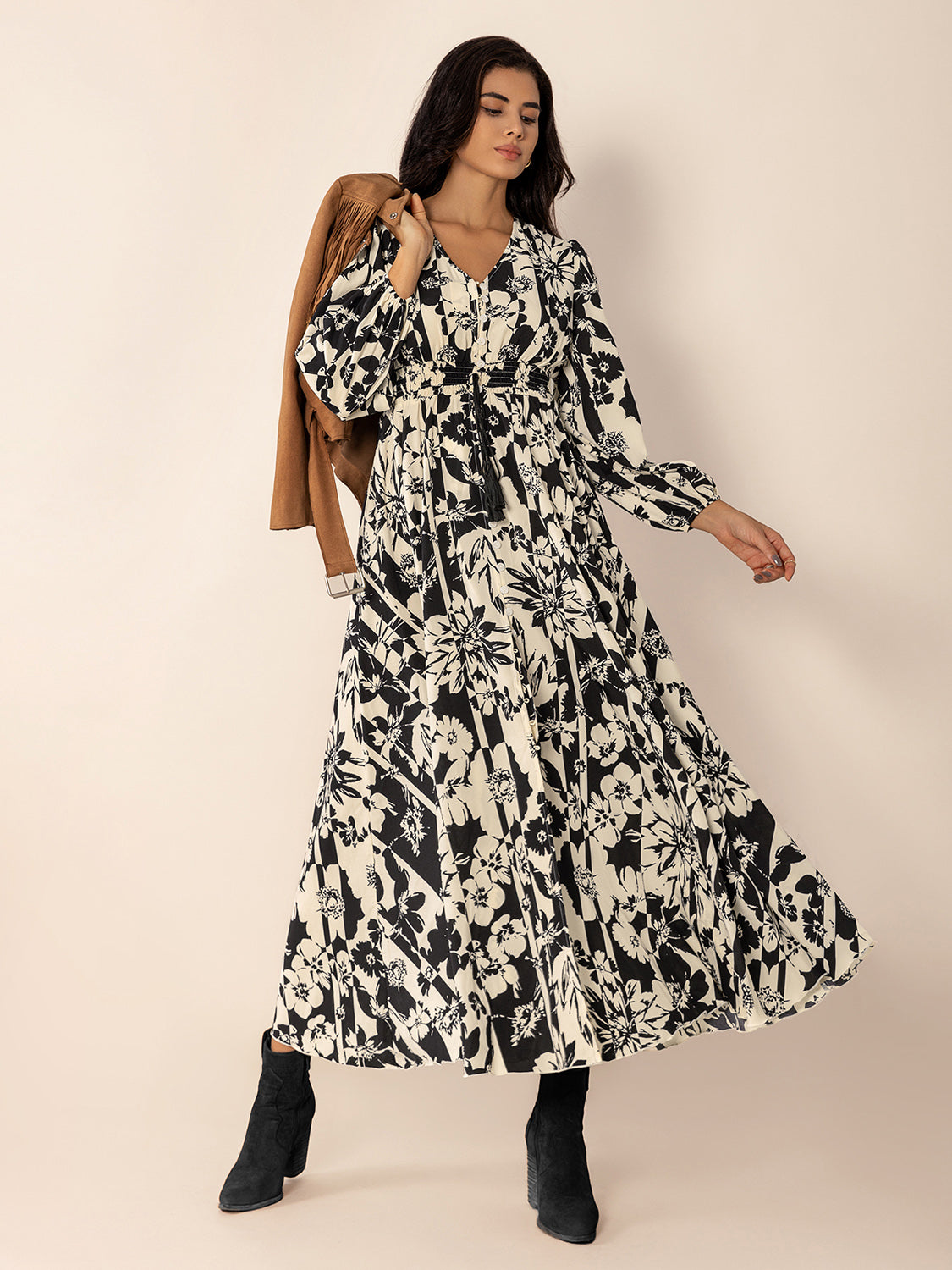 Tied Printed V-Neck Sleeve Midi Dress